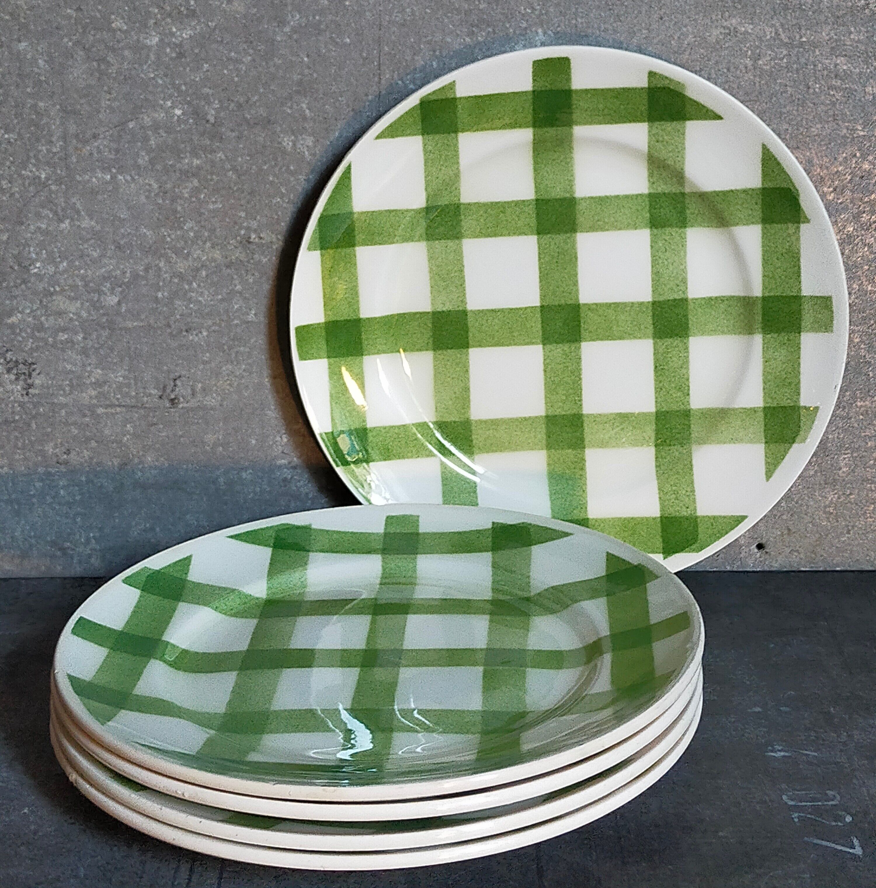 Five dessert plates Orchis-Moulin des Loups vintage checkered décor