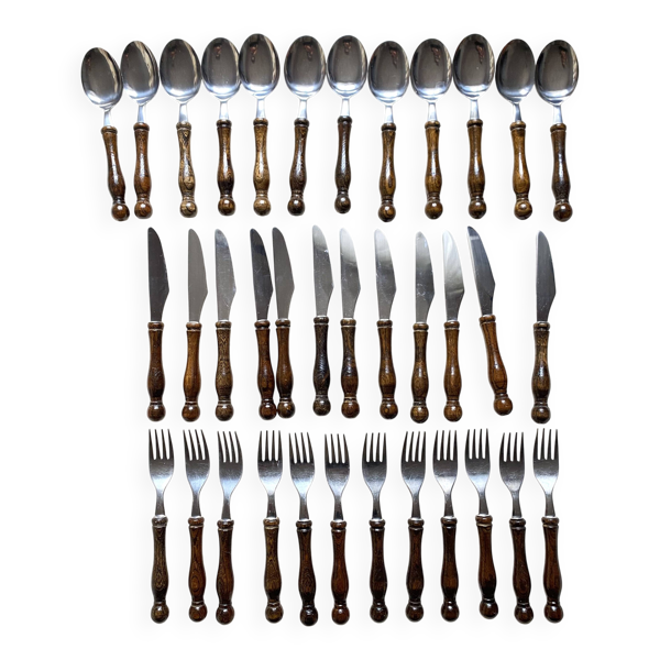 Set couverts 36 pièces manches en bois et inox , années 70