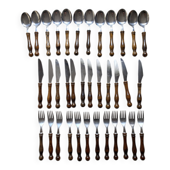 36-piece cutlery set with wooden and stainless steel handles, 1970s