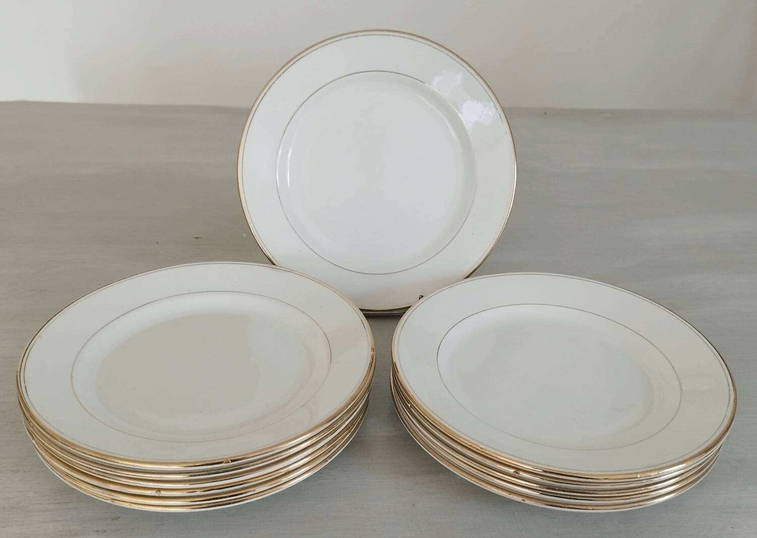 Old Earthenware Dinner Plates Hamage and Moulin des Loups White and Vintage Golden Fillet