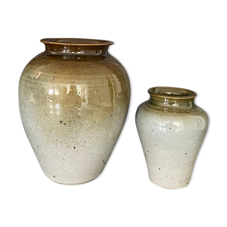 Set of 2 enamelled stoneware vases signed vintage