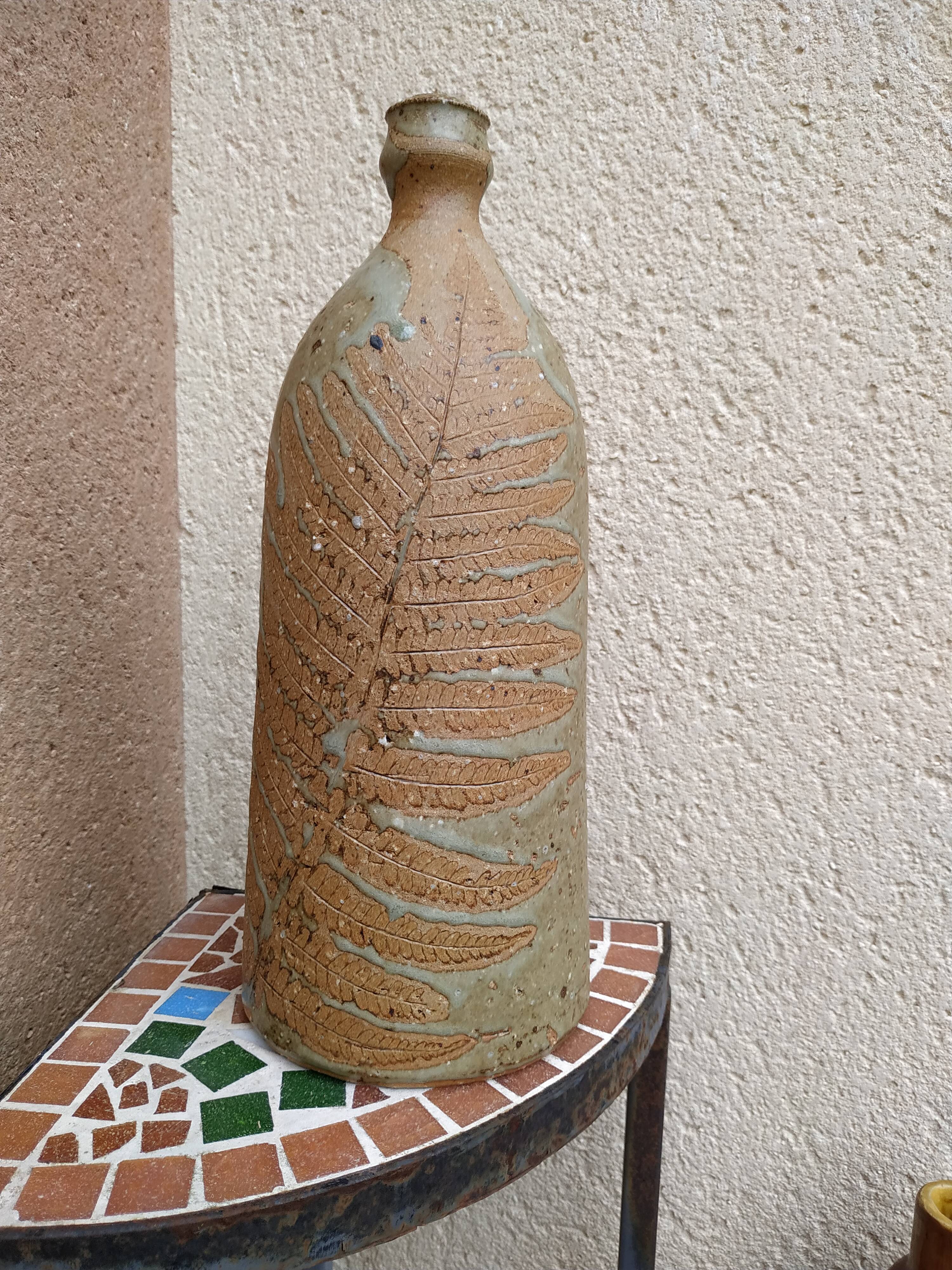 Sandstone bottle with inlaid fern décor by Alain Bernard Breton potter