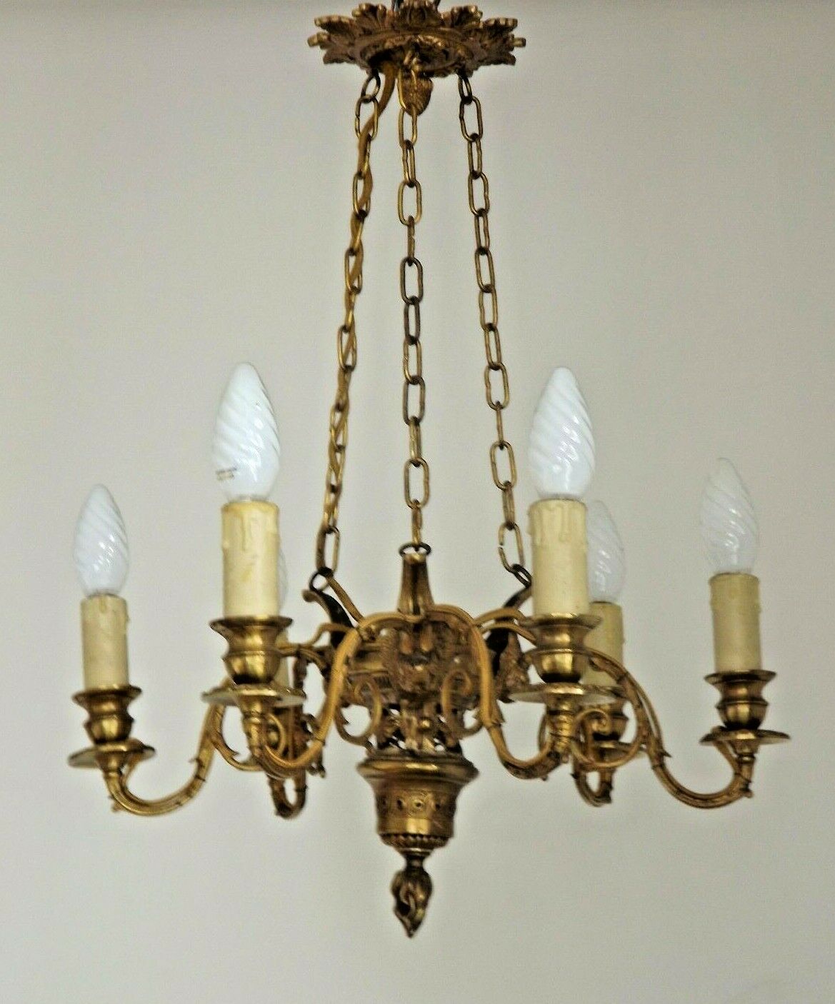 French victorian brass 6 light cherub chandelier with floral decoration
