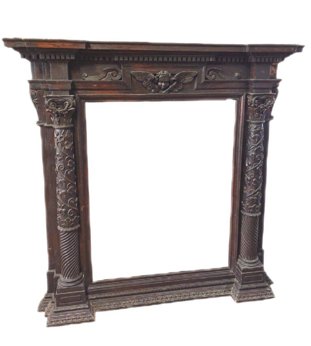 Large fireplace aedicule, carved frame, Renaissance style, 17th century, Italy