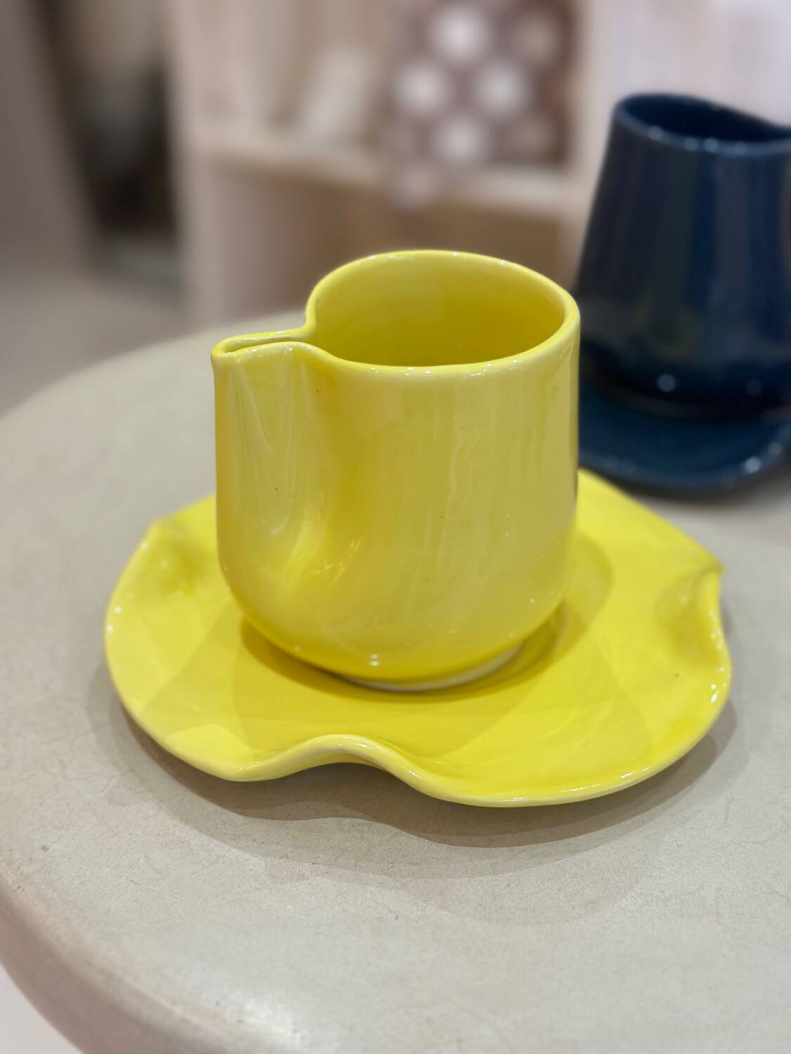 Set of mugs and cups of water lily ceramic handmade pop lemon yellow