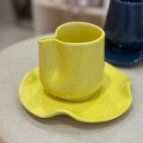 Set of mugs and cups of water lily ceramic handmade pop lemon yellow