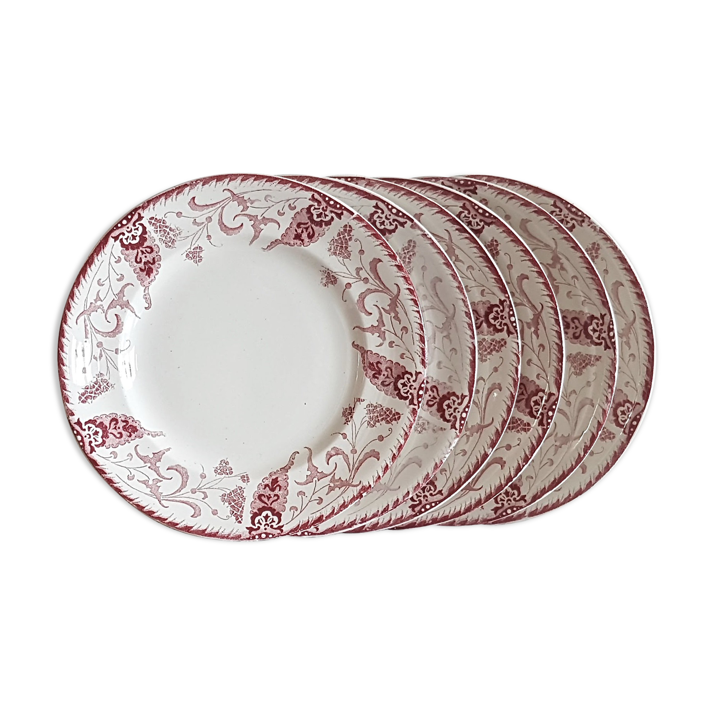 Longwy 6 dinner plates model Rambouillet pink flowers on cream background