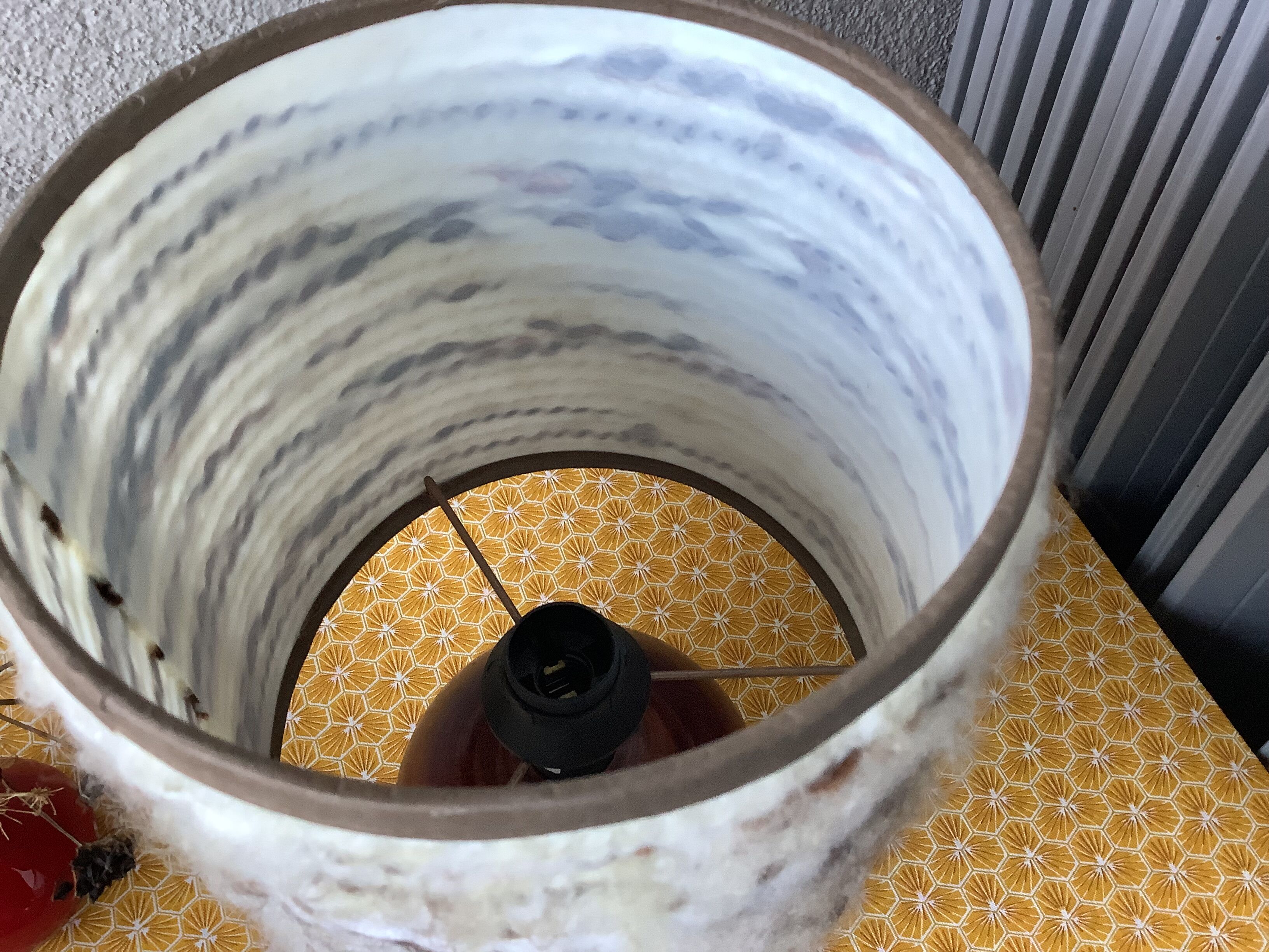 Seventies wood lamp and hippy chic wool lampshade