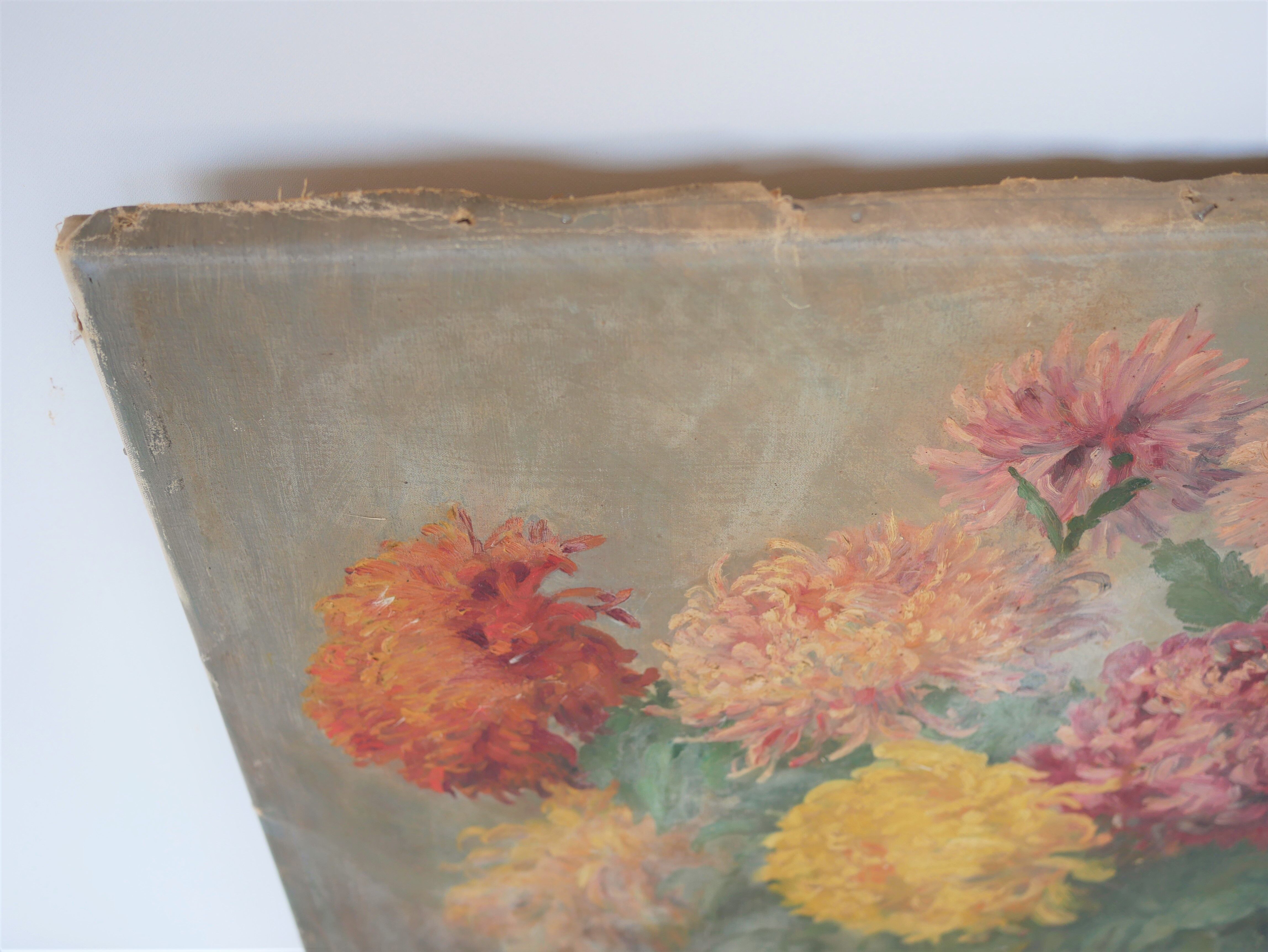 Table flowers oil on vintage canvas
