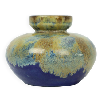Petit vase vintage convexe émaillé bleu gris motif goutte à goutte glaçure années 1970