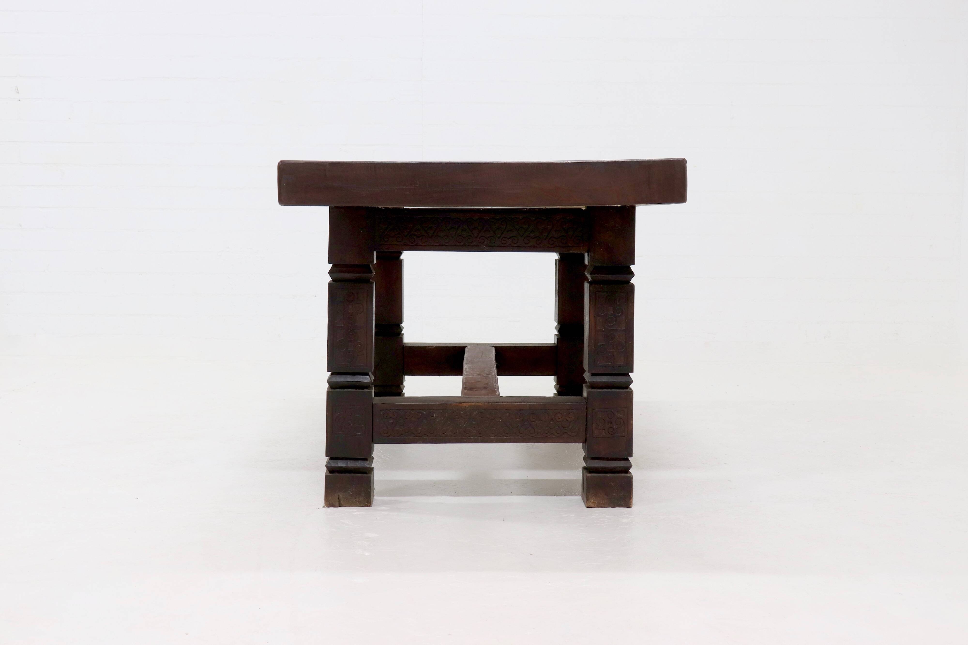 Antique Handcarved Solid Tropical Wooden Dining Table 1920s