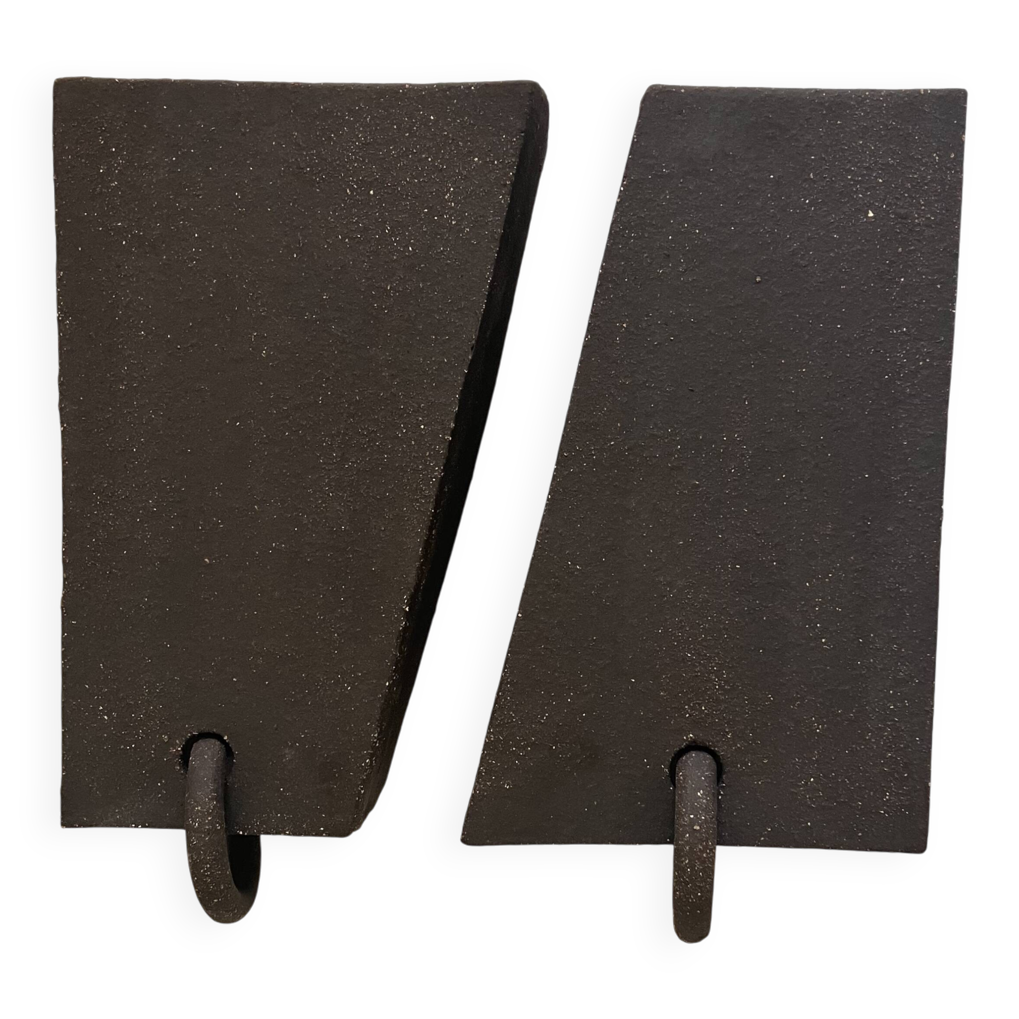 Pair of black stoneware graphic wall lights with handmade ring.