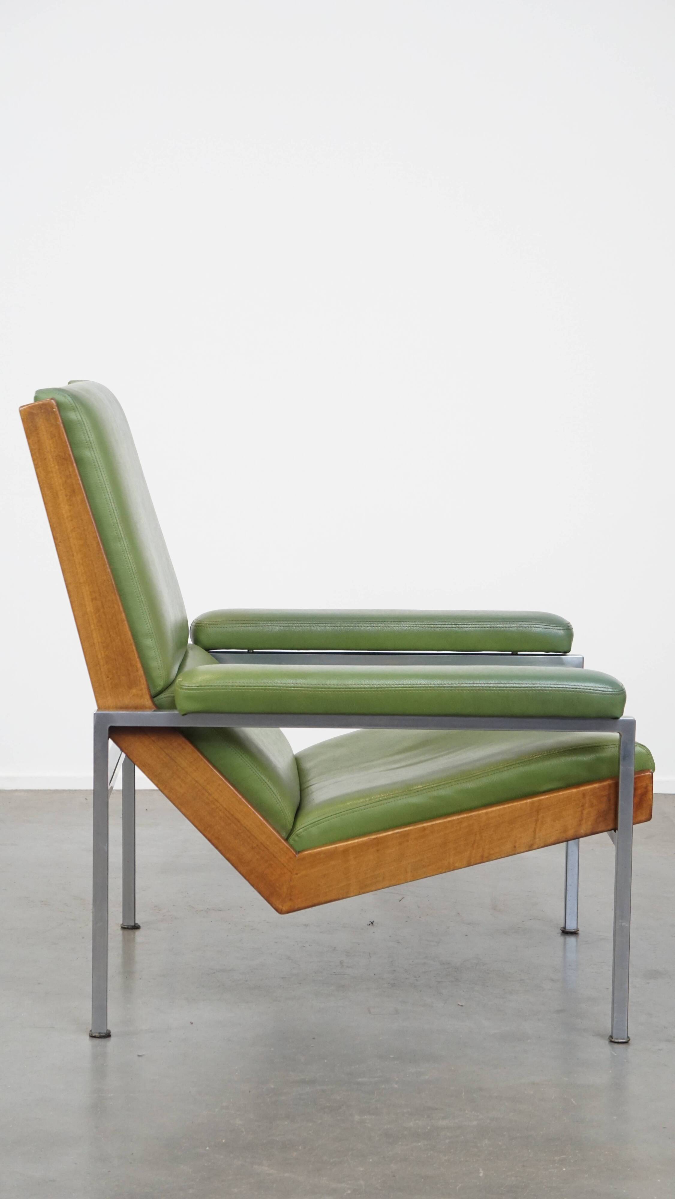 Green cowhide Leather and Wooden Vintage Armchair