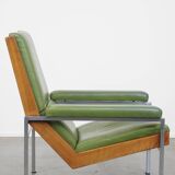 Green cowhide Leather and Wooden Vintage Armchair