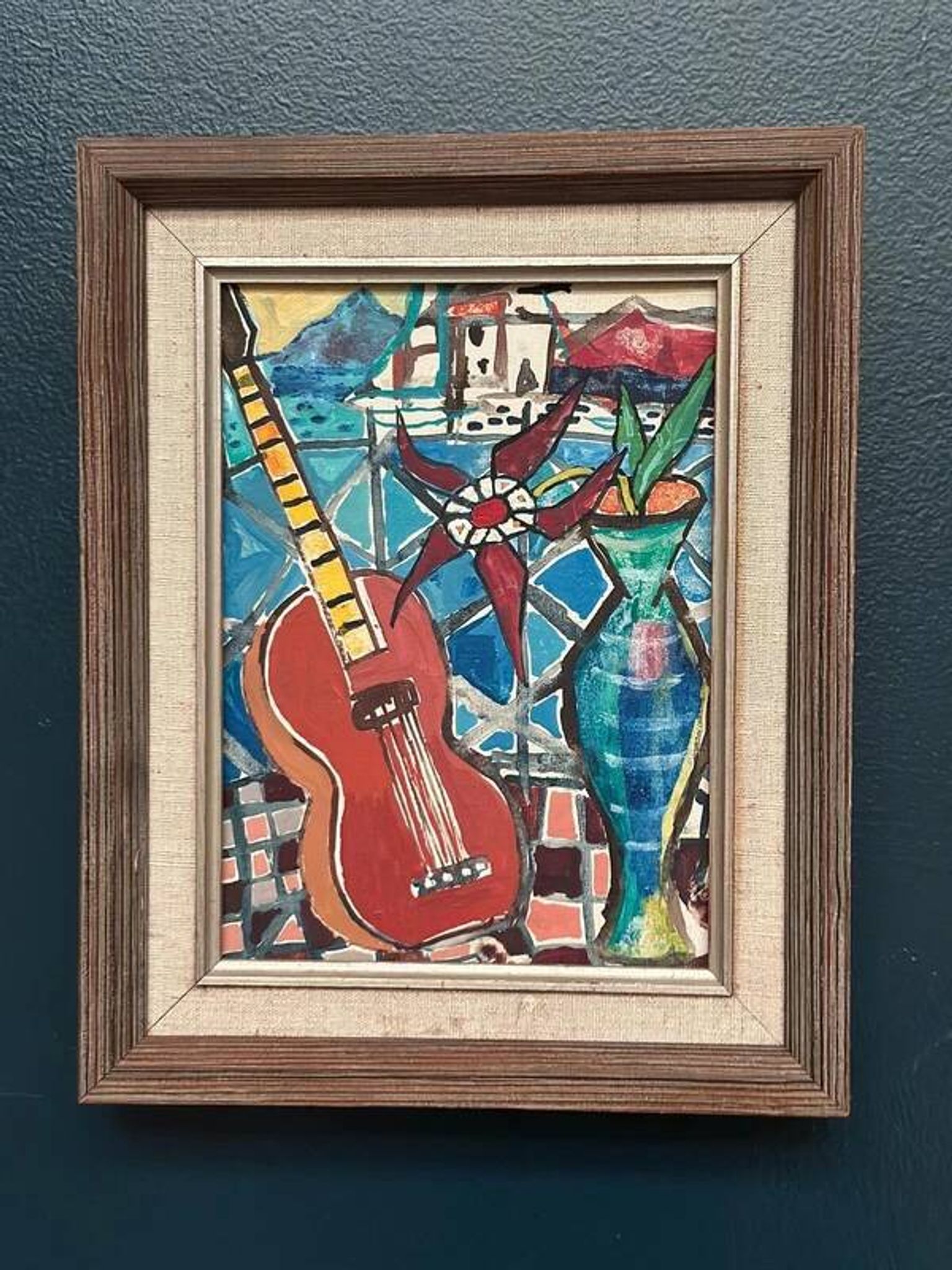 Swedish oil on canvas “Still life with guitar” by Josef José vintage 25×31cm