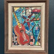 Swedish oil on canvas “Still life with guitar” by Josef José vintage 25×31cm