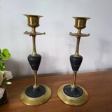 Pair of brass and black hard stone candlesticks