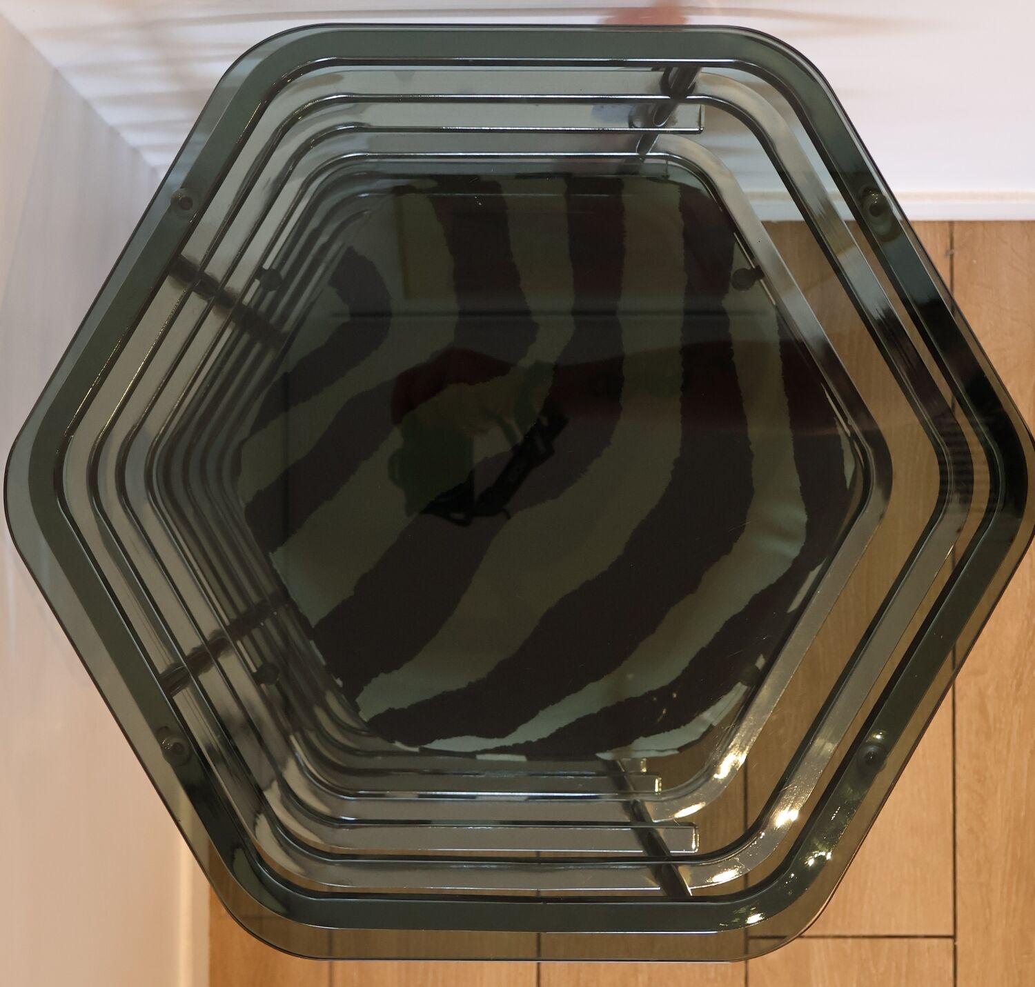 Chrome and smoked glass dressing table with a nesting seat, 1970.