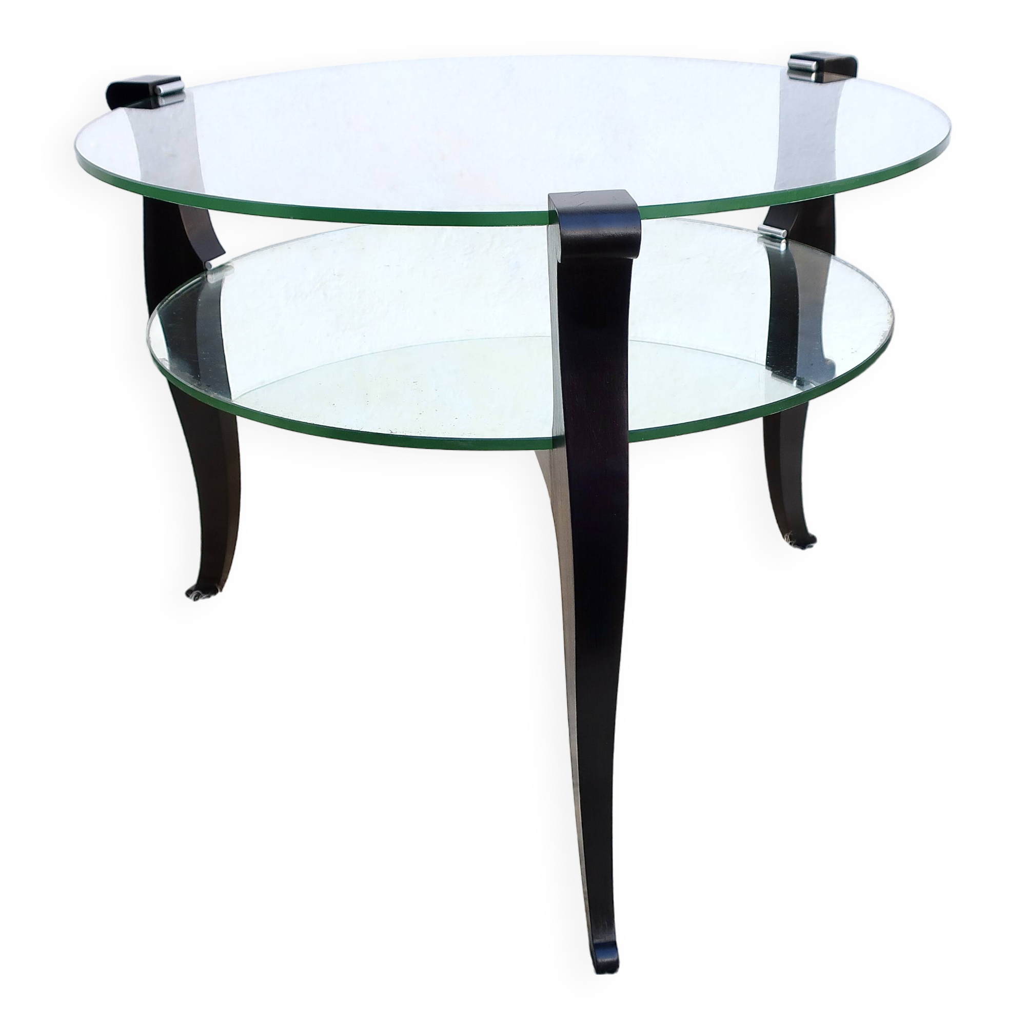 Low art deco pedestal table 1930/1940 in black wood, glass and mirror
