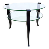 Guéridon bas Art Déco 1930/1940 en bois noir, verre et miroir