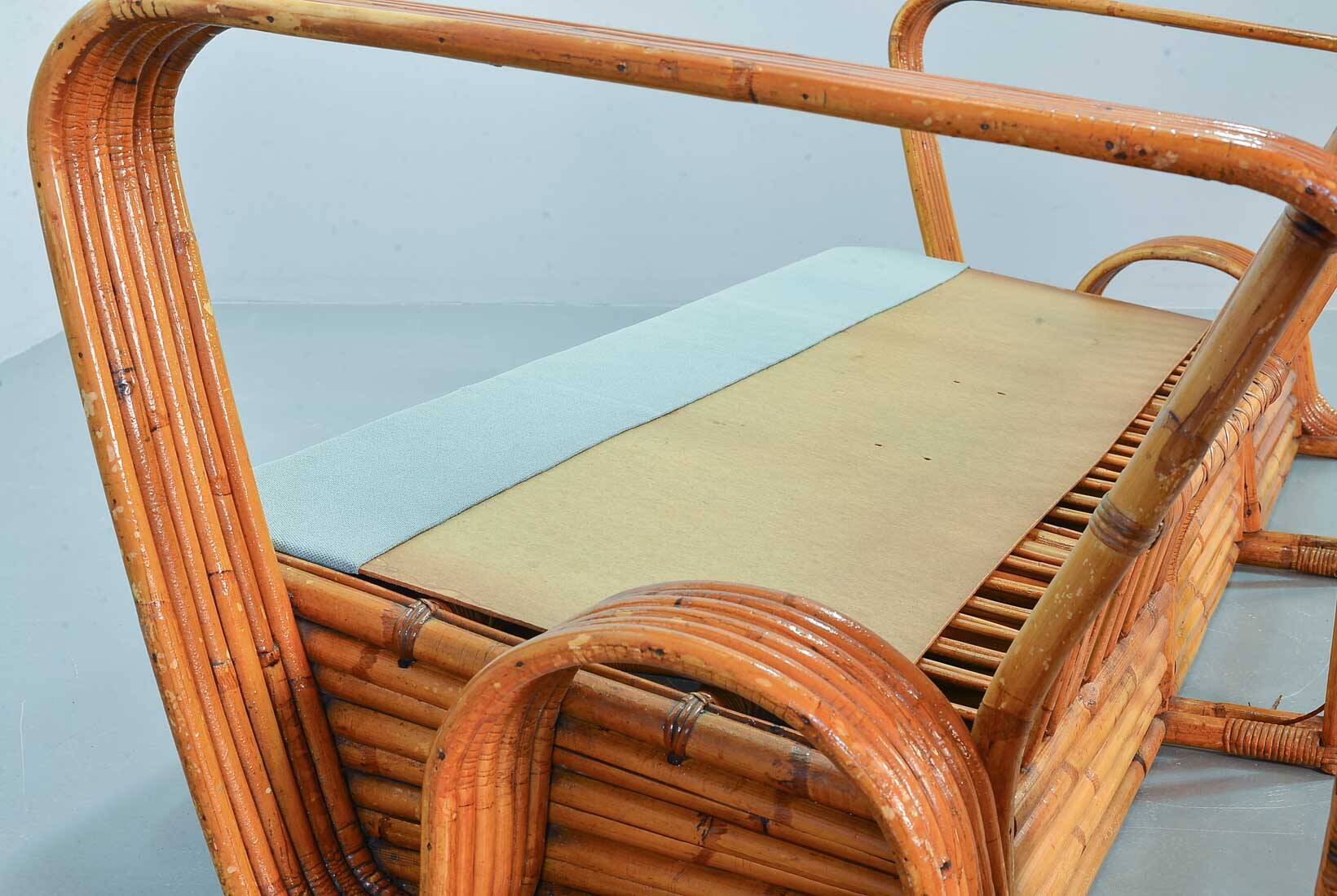 Exclusive Six Strand Rectangular Rattan 3-Seat Sofa after Paul Frankl, 50s