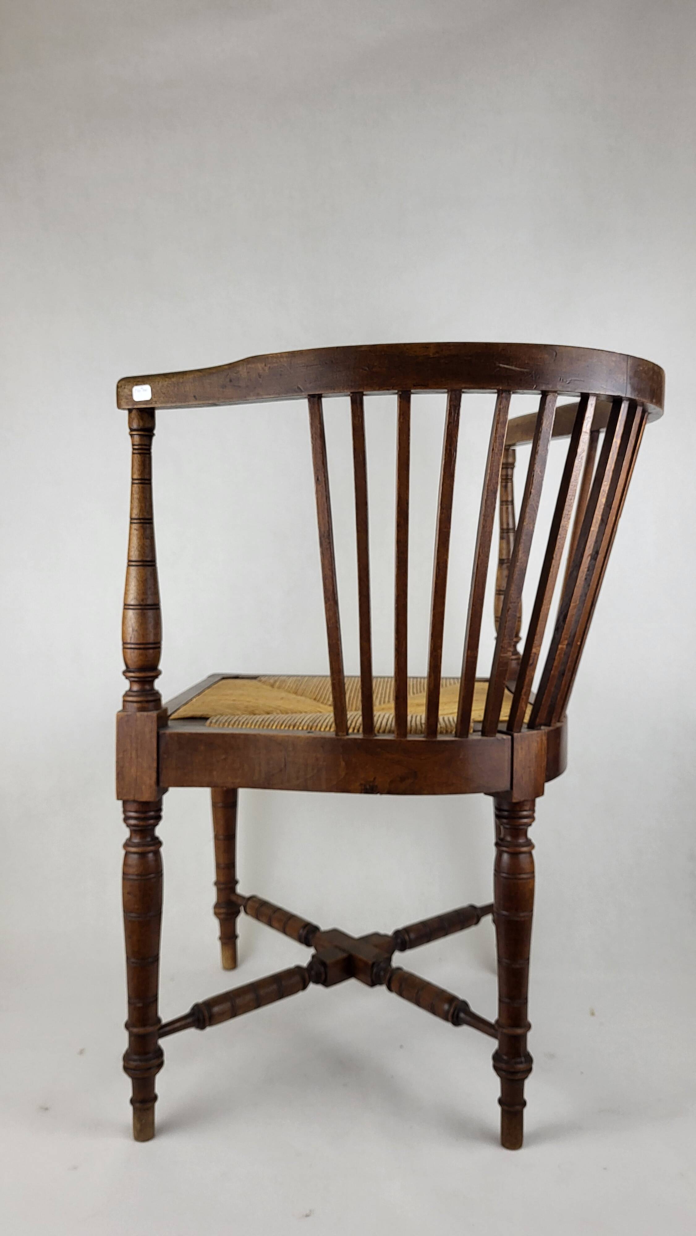 19th century English wood & straw corner armchair chair