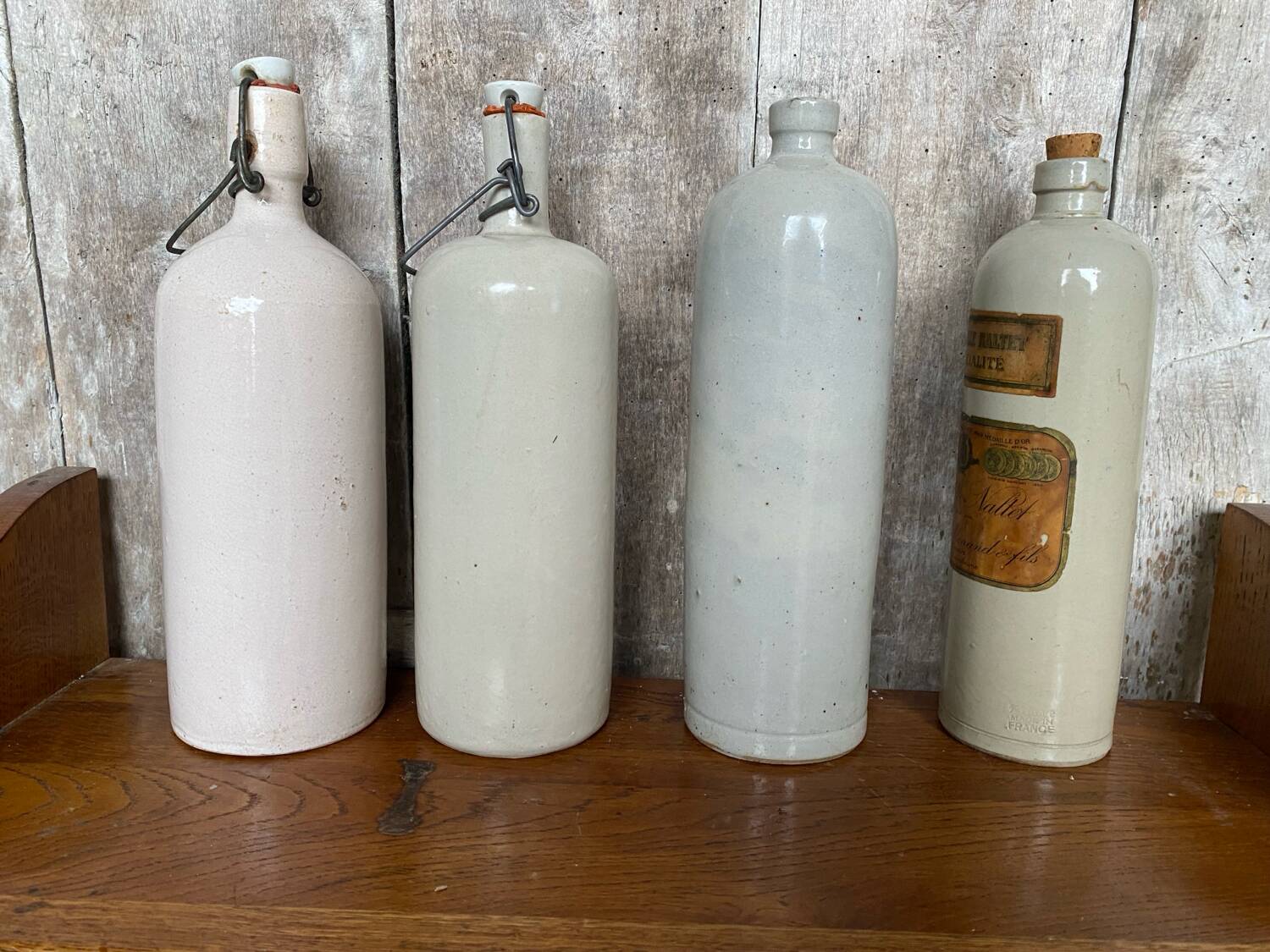 Set of 4 Old Grey Stoneware Bottles + Vintage Porcelain Stopper