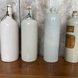 Set of 4 Old Grey Stoneware Bottles + Vintage Porcelain Stopper