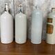 Set of 4 Old Grey Stoneware Bottles + Vintage Porcelain Stopper