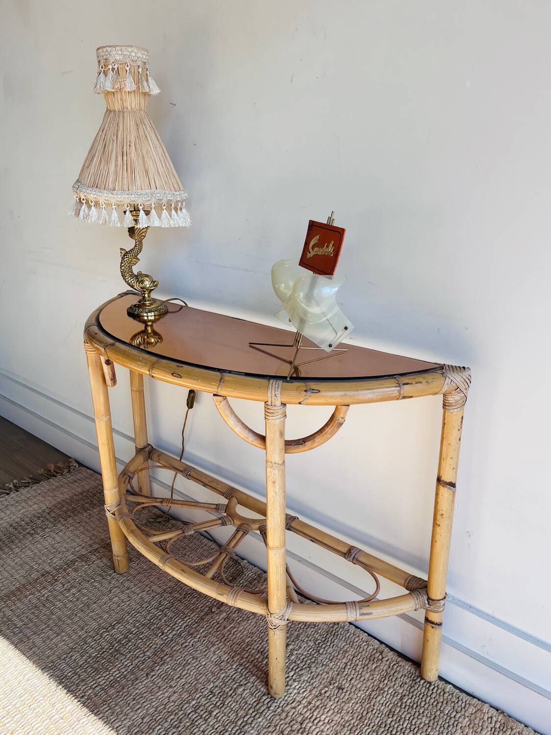 Console table d’appoint en rotin avec miroir rose