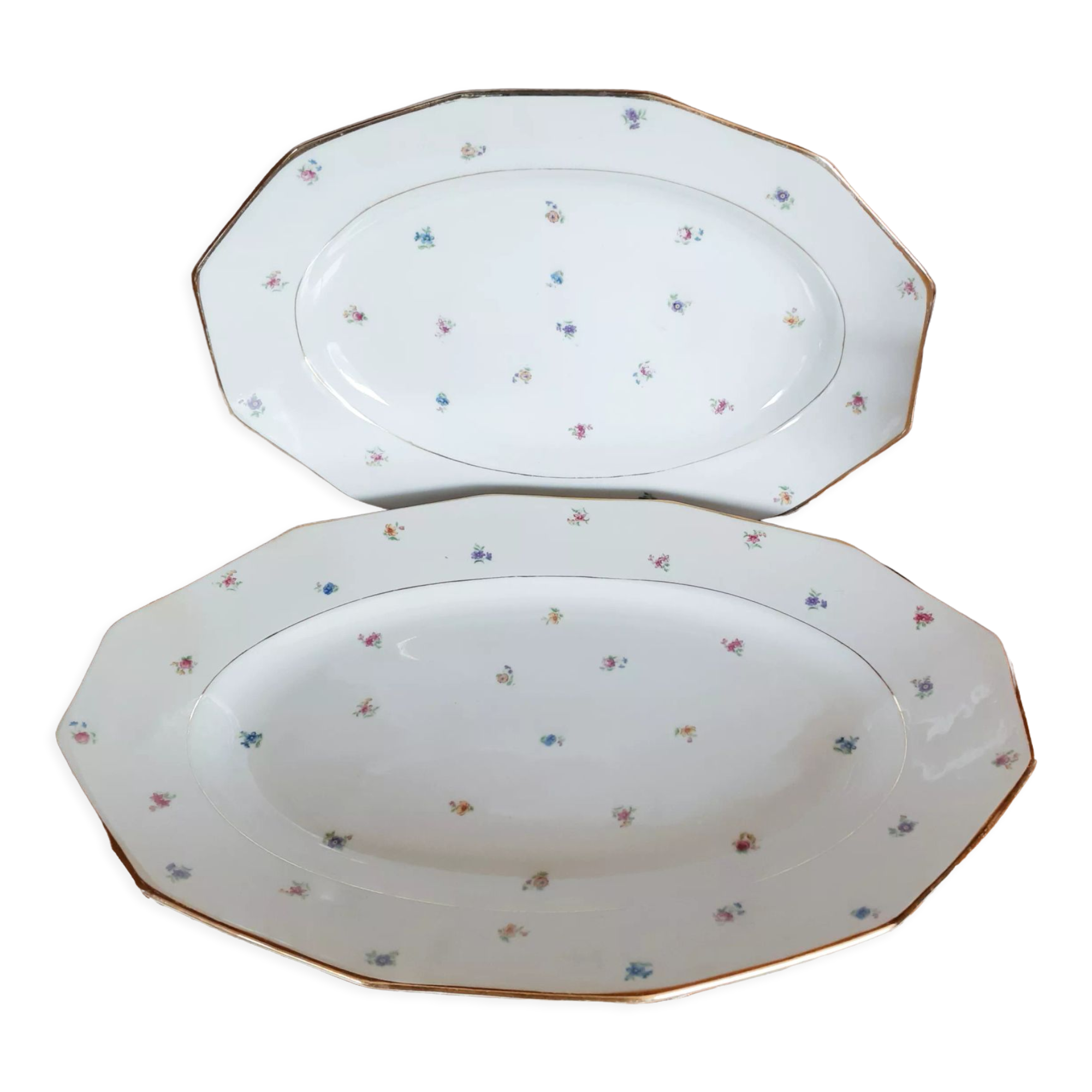 Oval dishes in floral porcelain and gold