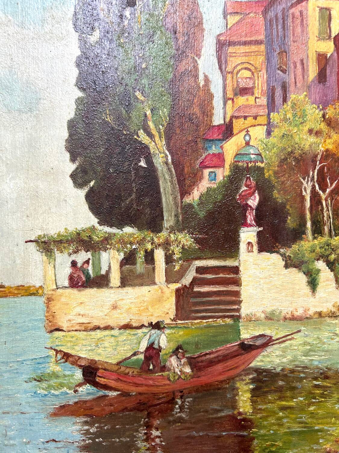 Barge on Lake Como, oil on panel, R. Corvisy, 20th century