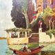 Barge on Lake Como, oil on panel, R. Corvisy, 20th century