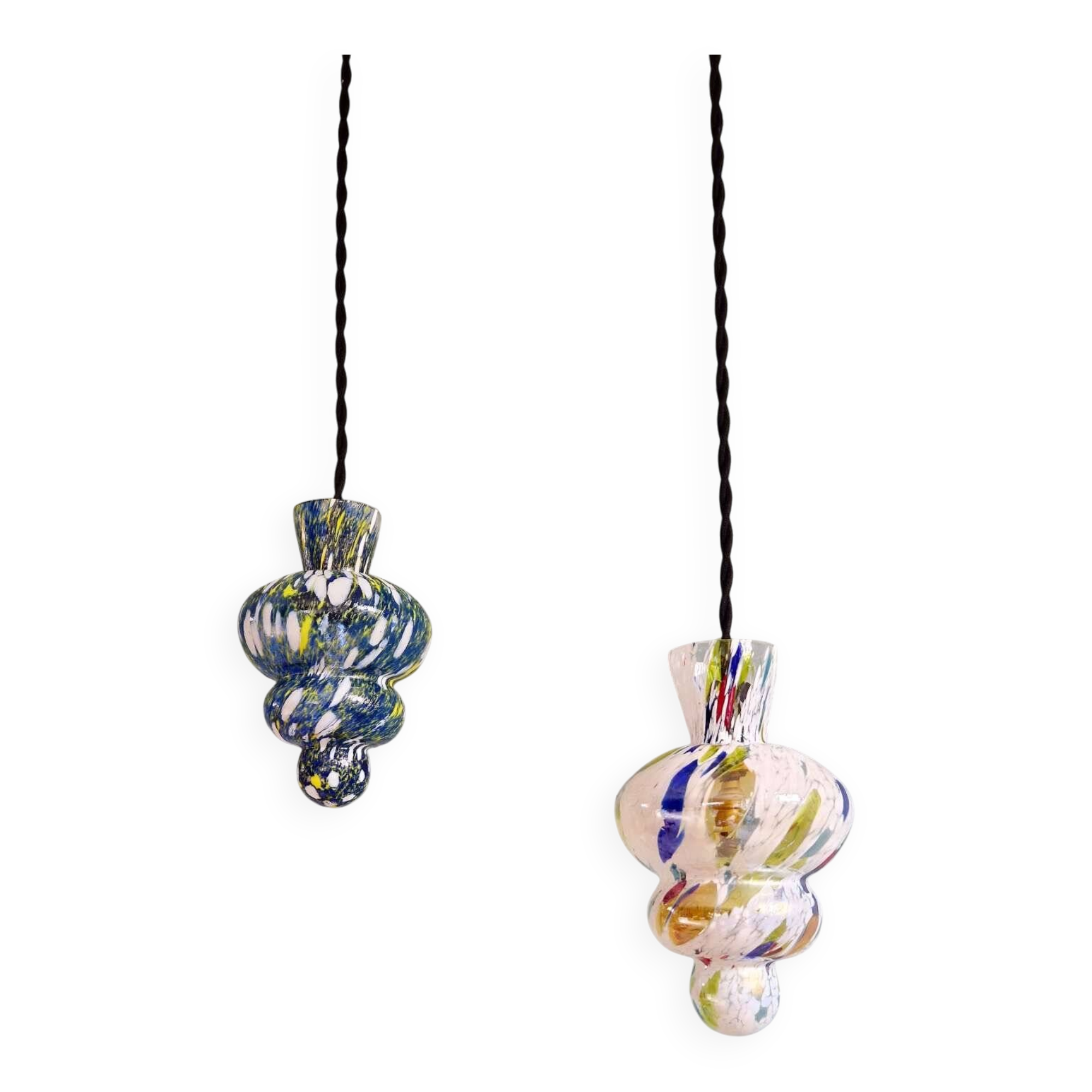 Duo de suspensions en verre soufflé multicolore, Murano, 1950-60
