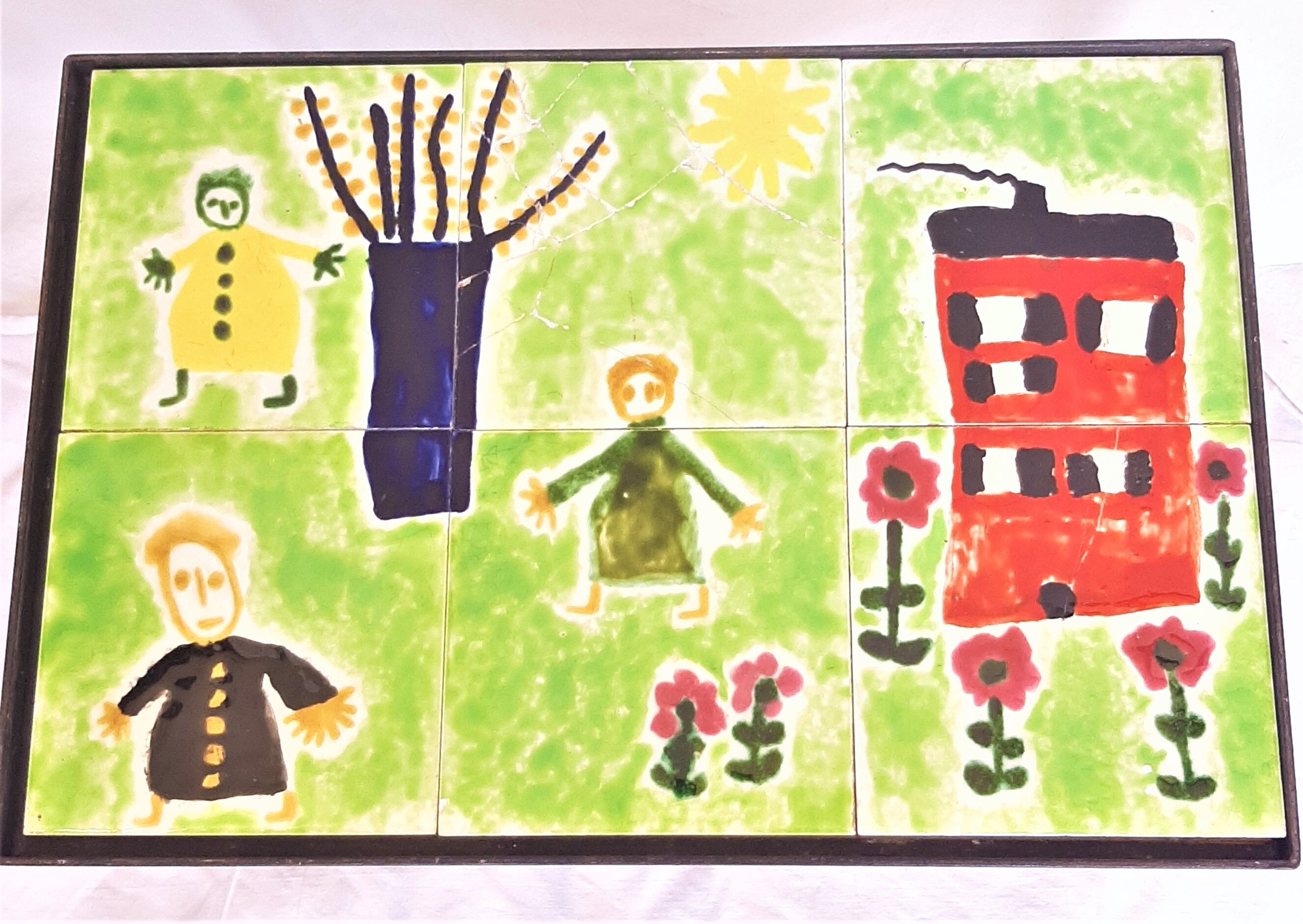 Children's coffee table, 70s with naïve drawing on ceramics, iron frame