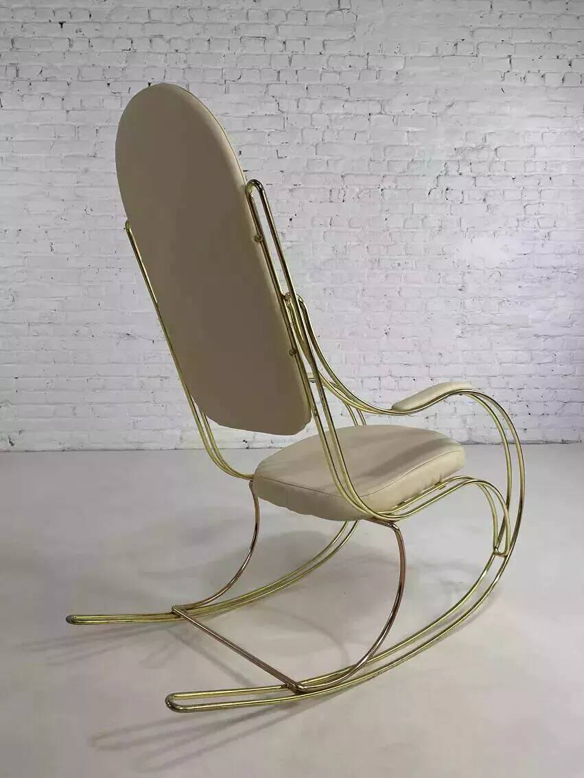 1960s rocking chair in brass and ecru imitation leather