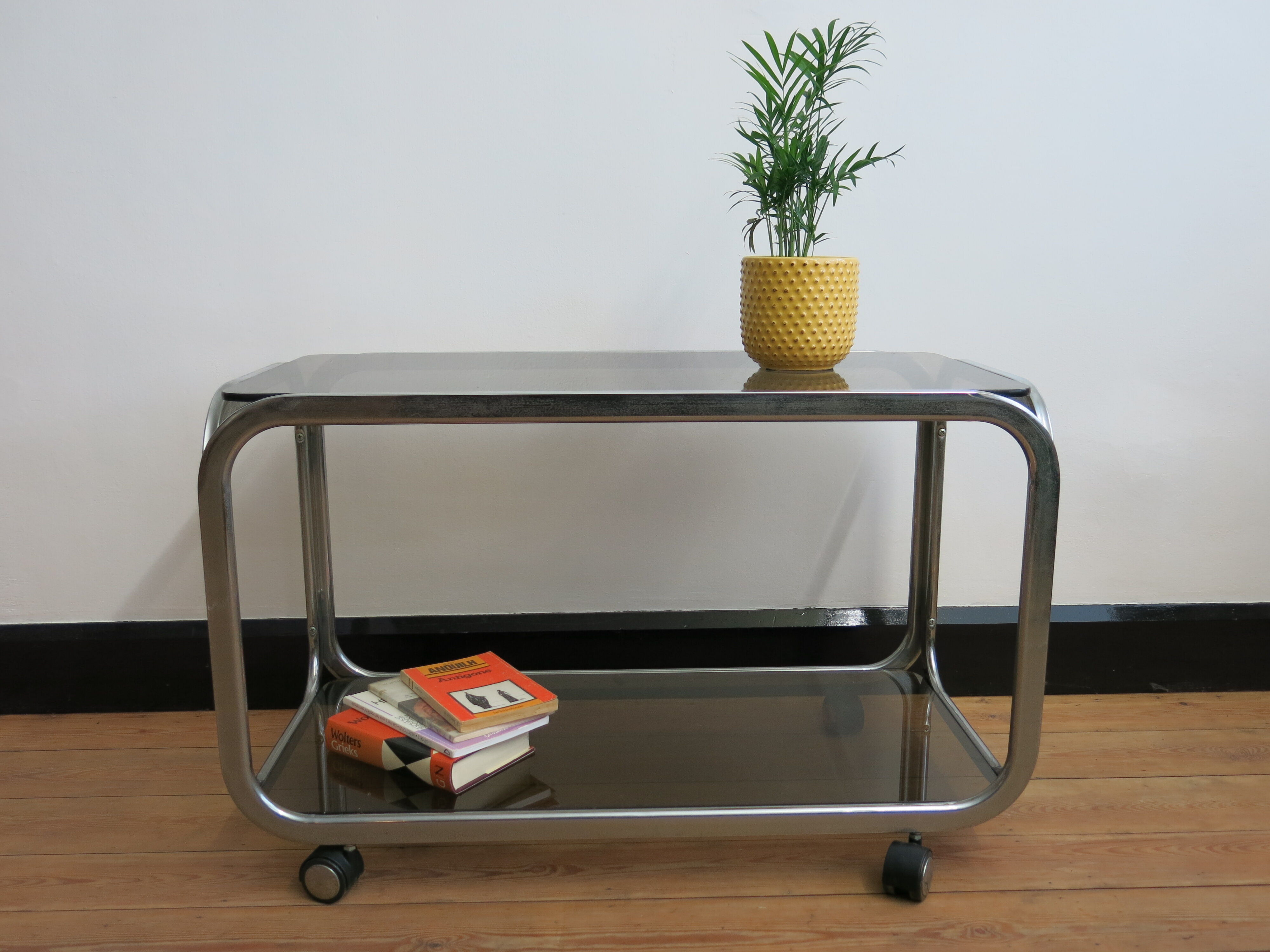 Space Age coffee table in smoked glass and chrome steel, 1970s