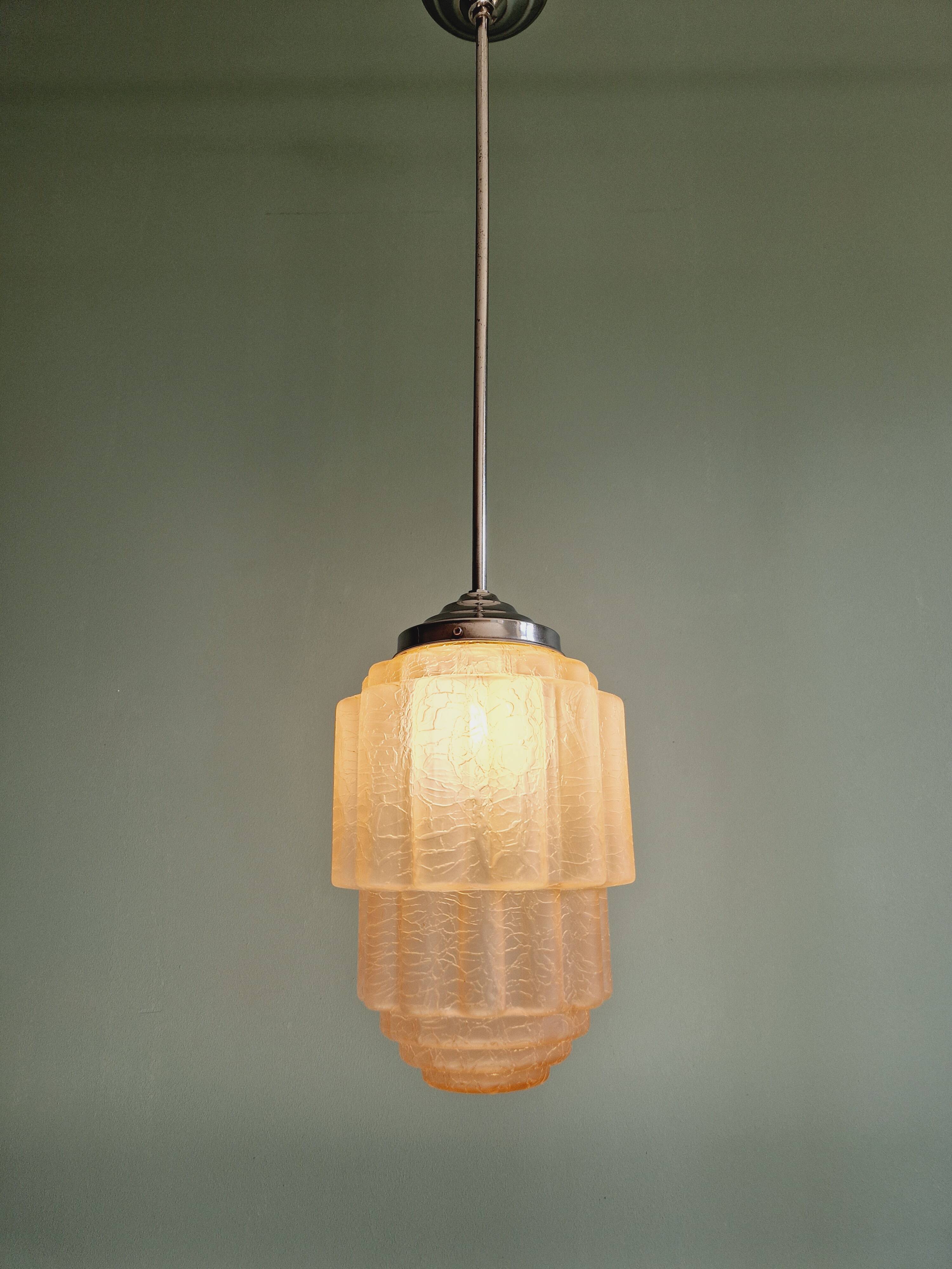 Art Deco Skyscraper pendant light in pink cracked glass