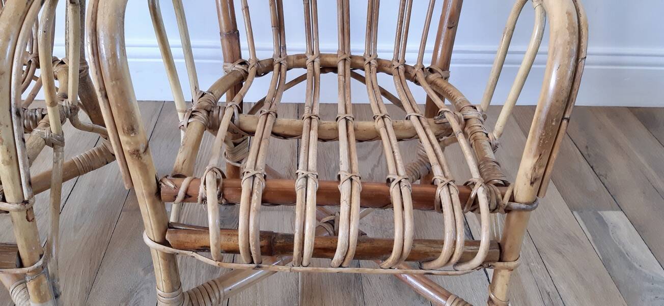 Pair of children's armchairs in rattan / bamboo honey color 60s