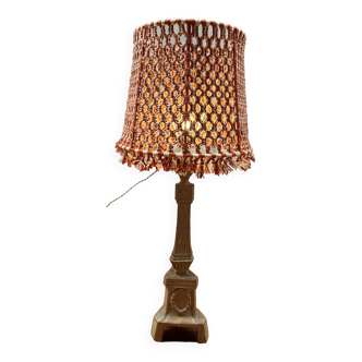 Carved wooden foot lamp with wool lampshade