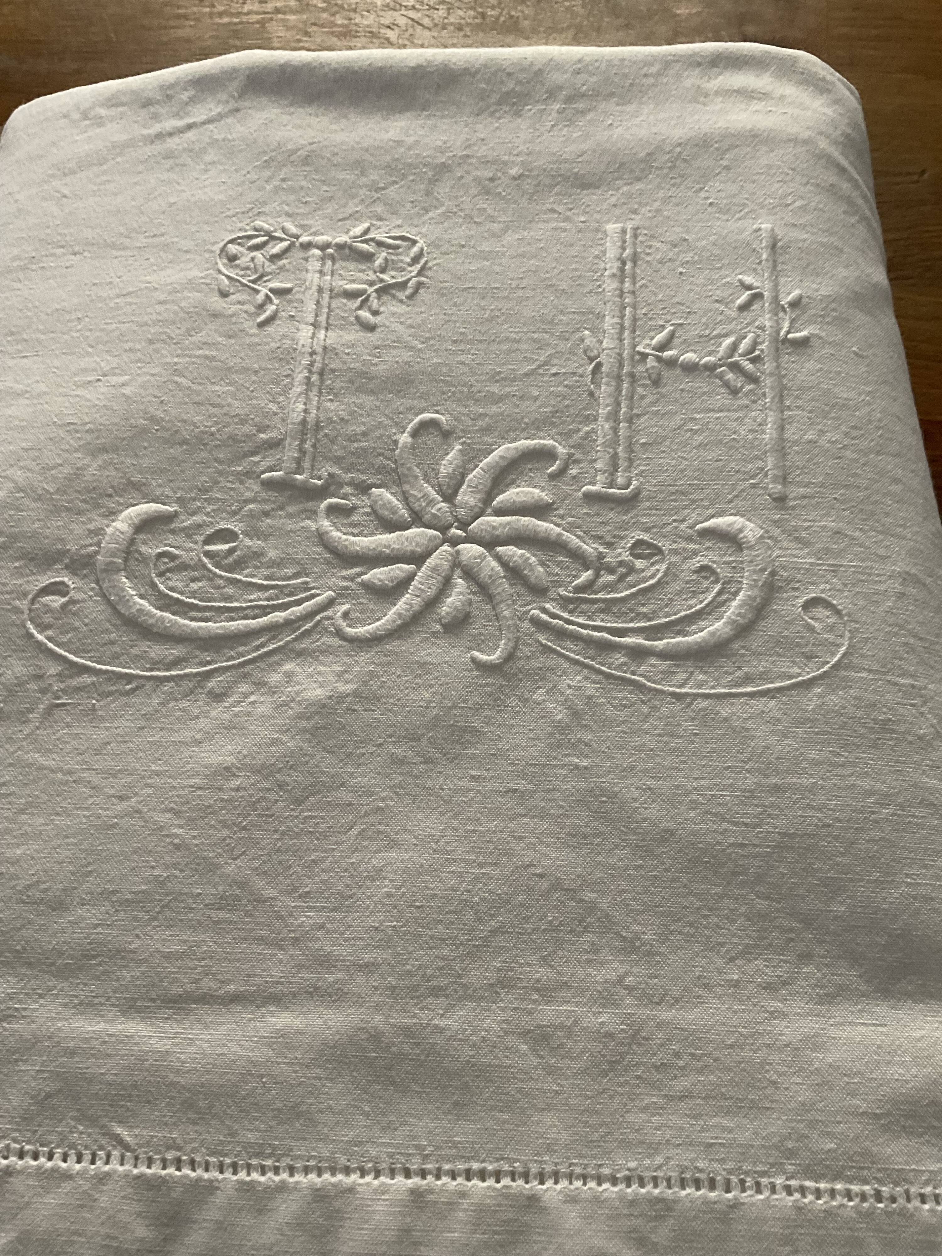 Linen/cotton embroidered sheet.  Monogram TH