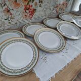 Set of 8 PL France porcelain dinner plates, water green marli and frieze
