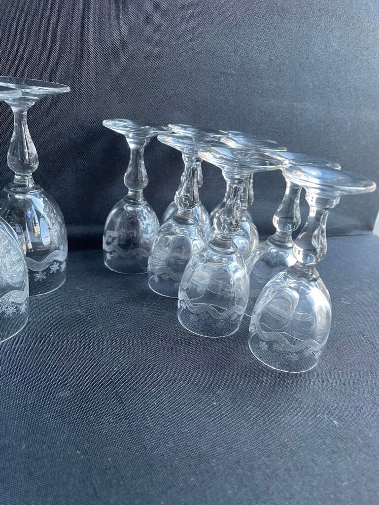 14 Meisenthal blown and engraved digestive glasses