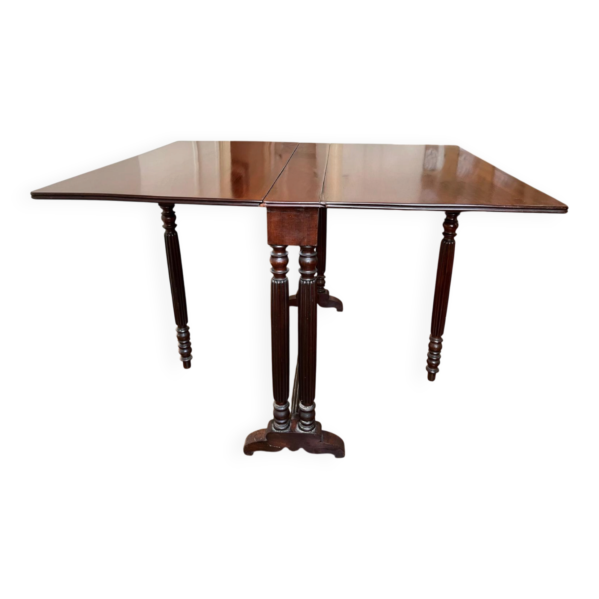Drop-leaf table in solid mahogany — Restoration style, double column c