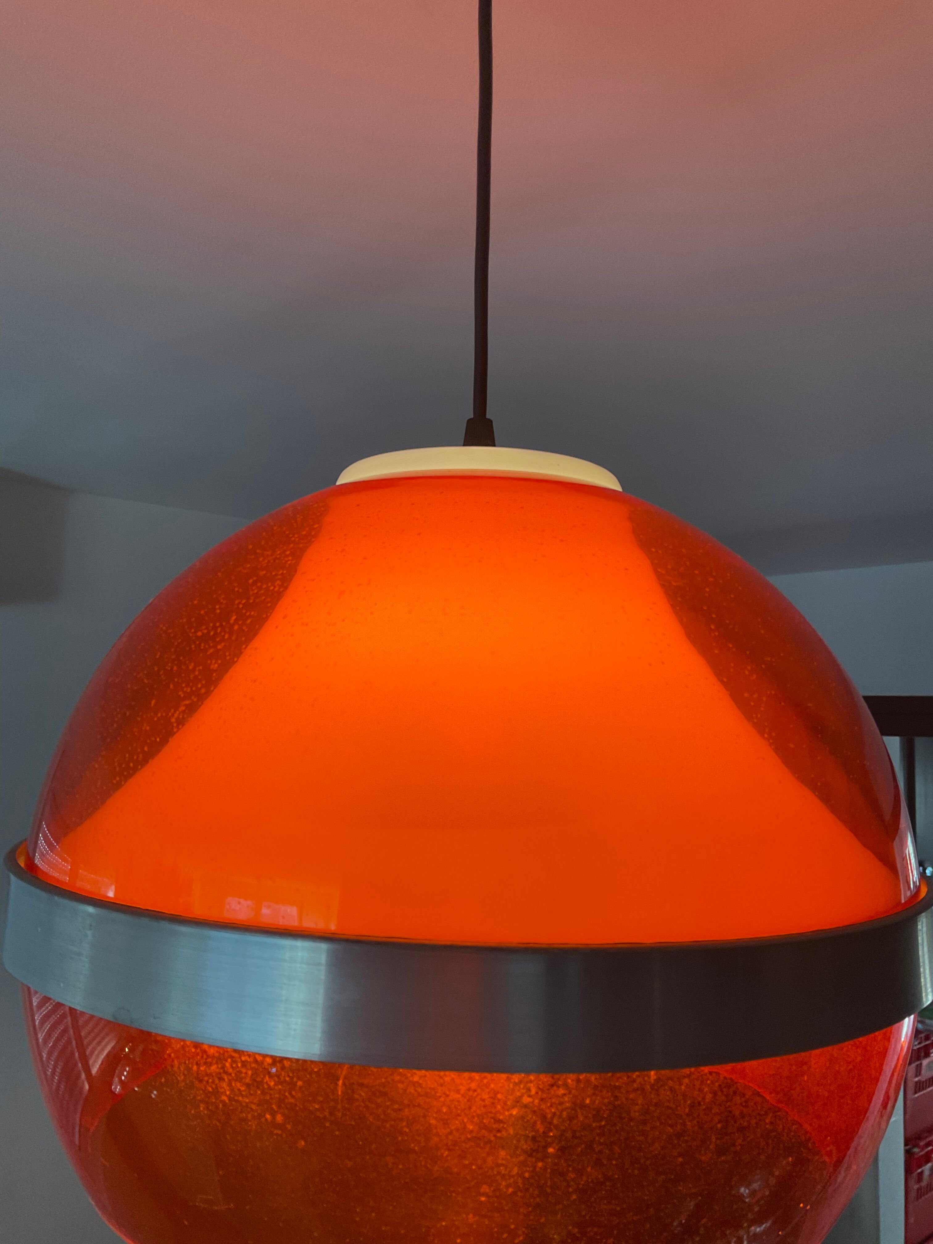 Space age pendant lamp in orange plexiglass and chromed metal