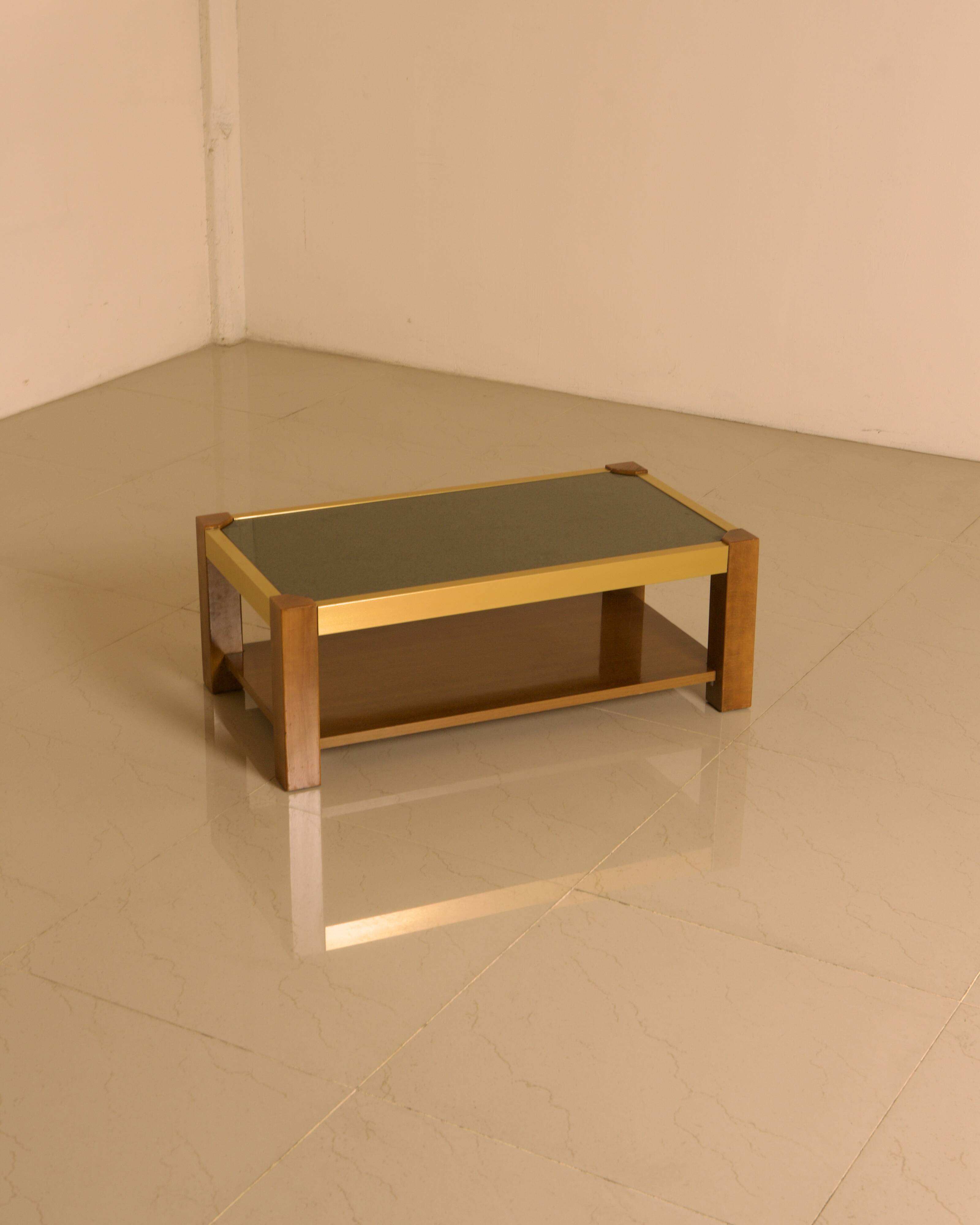 Rectangular Italian coffee table in wood and gold metal from the 70s.