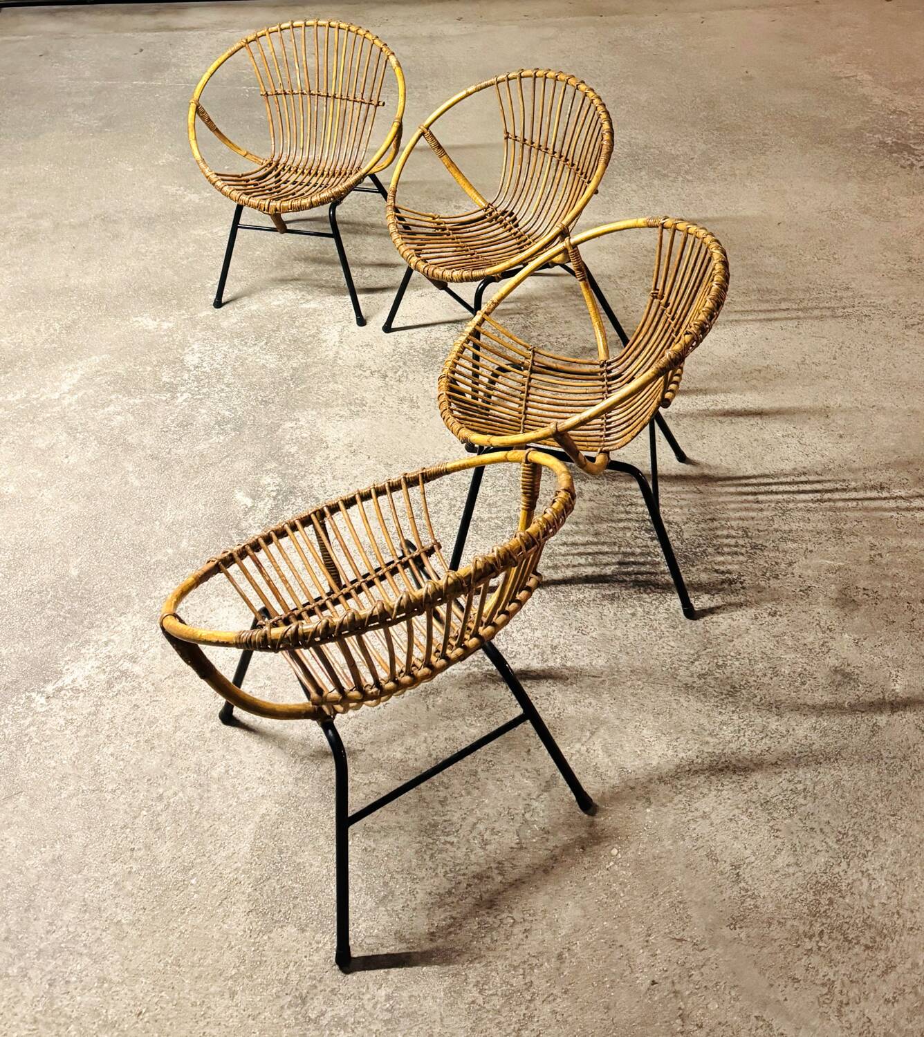 Set of 4 vintage 1950s/60s wicker rattan adult basket armchairs