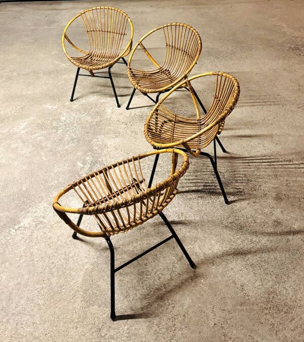 Set de 04 fauteuils corbeille adulte en rotin osier années 1950/60s vintage