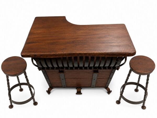 Lot Bar et tabouret en fer forgé et bois
