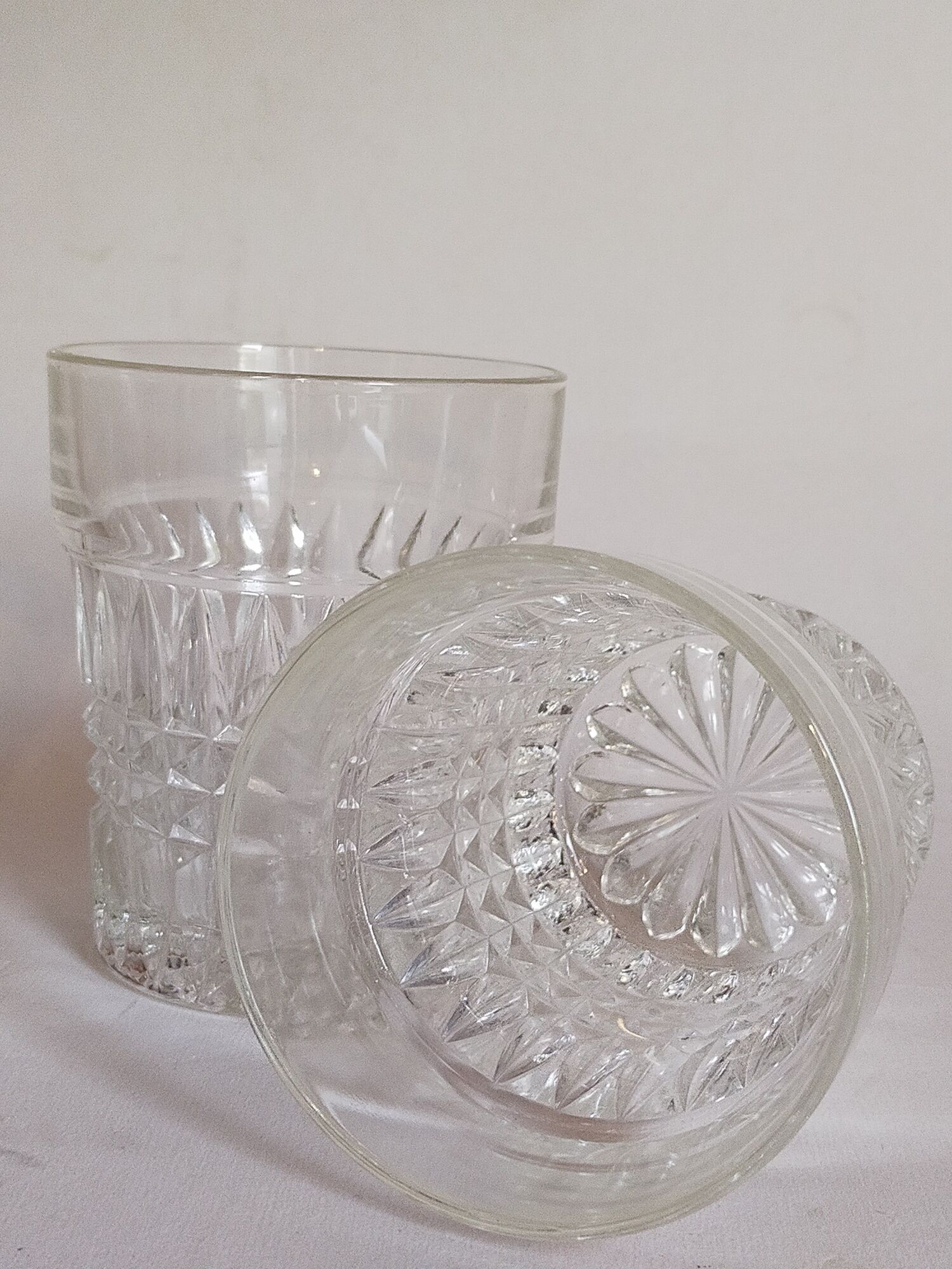 Trio of vintage whiskey glasses in pimpled glass
